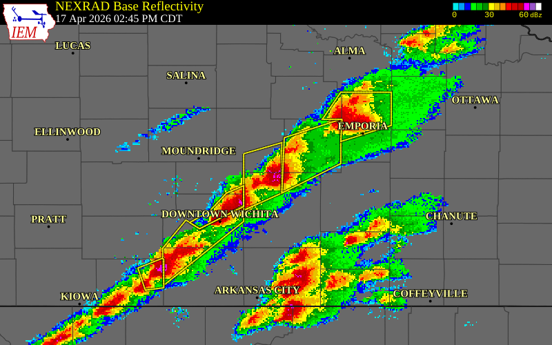 NEXRAD radar during the Friday, April 17, 2026 storm activity in Marion County, Kansas