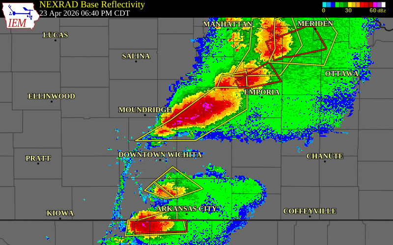 NEXRAD radar during the Thursday, April 23, 2026 storm activity in Marion County, Kansas