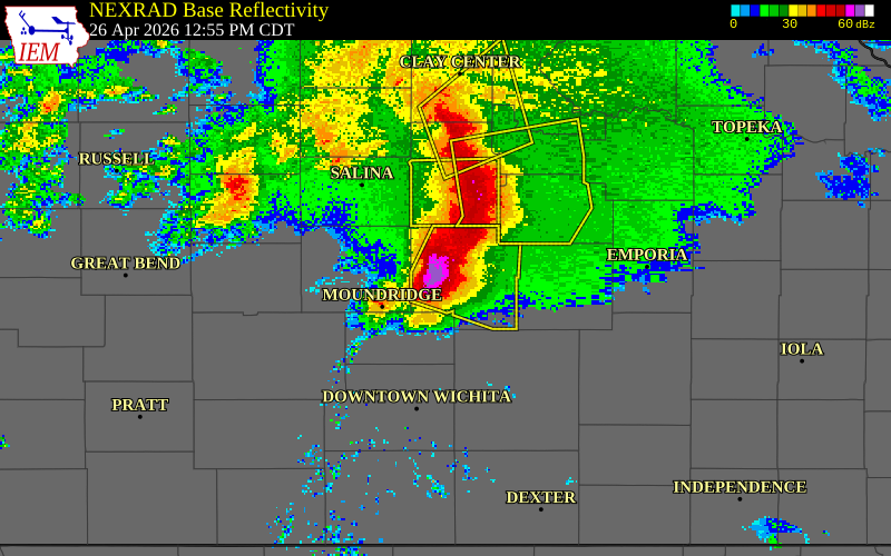 NEXRAD radar during the Sunday, April 26, 2026 storm activity in Marion County, Kansas
