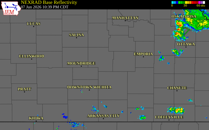 NEXRAD radar during the Sunday, June 7, 2026 storm activity in Marion County, Kansas