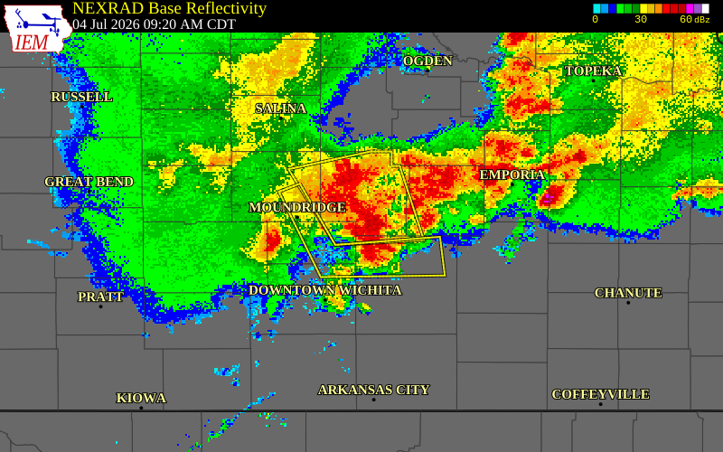 NEXRAD radar during the Saturday, July 4, 2026 storm activity in Marion County, Kansas