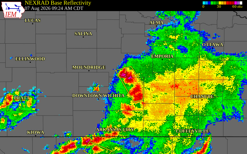 NEXRAD radar during the Friday, August 7, 2026 storm activity in Marion County, Kansas