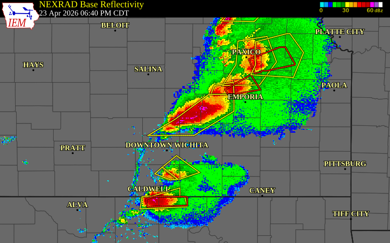 Radar snapshot during the Apr 23, 2026 tornado event near 3 NW Burns, Marion County, Kansas, with NWS warning polygons