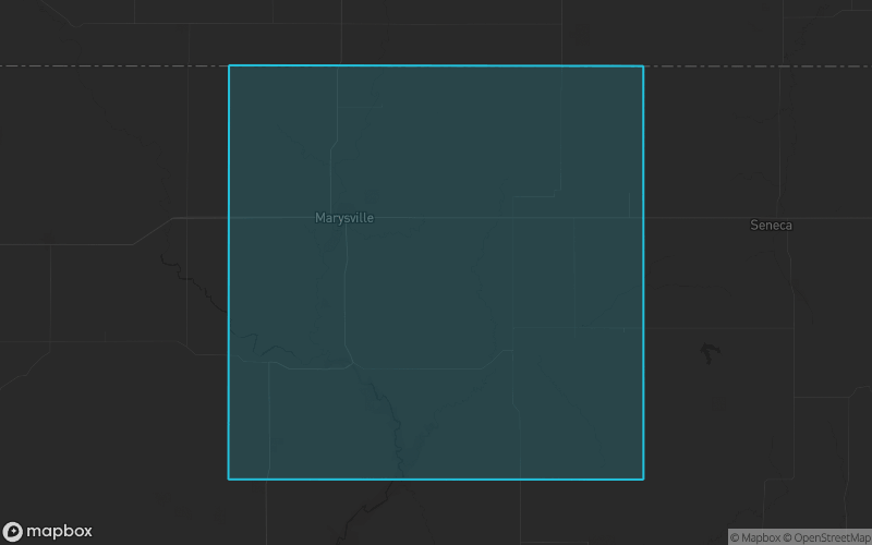 Map of Marshall County, Kansas showing the county boundary and surrounding cities