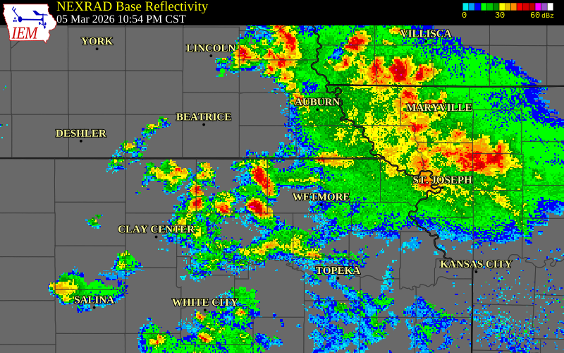 NEXRAD radar during the Thursday, March 5, 2026 storm activity in Marshall County, Kansas
