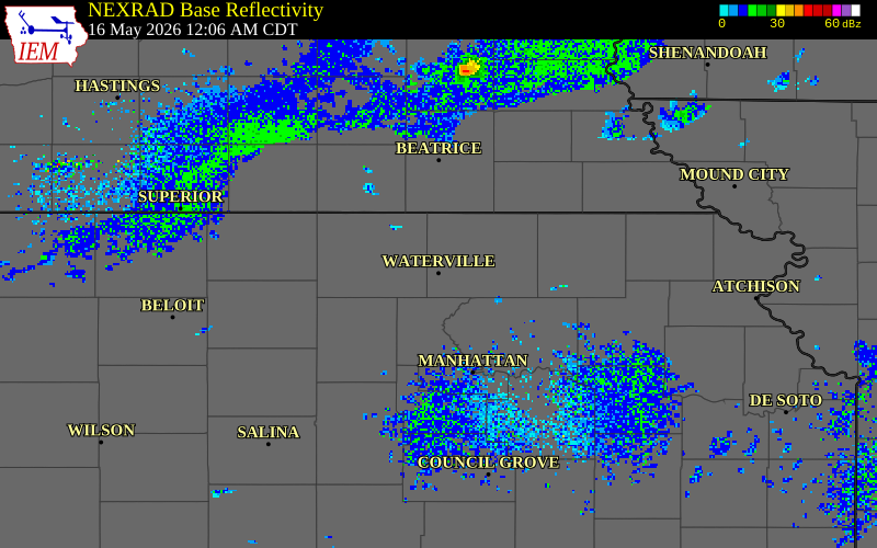 NEXRAD radar during the Saturday, May 16, 2026 storm activity in Marshall County, Kansas