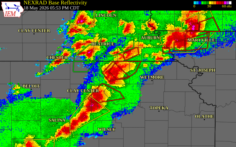 NEXRAD radar during the Monday, May 18, 2026 storm activity in Marshall County, Kansas