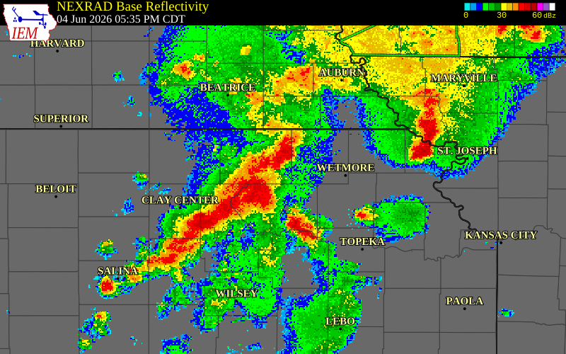 NEXRAD radar during the Thursday, June 4, 2026 storm activity in Marshall County, Kansas