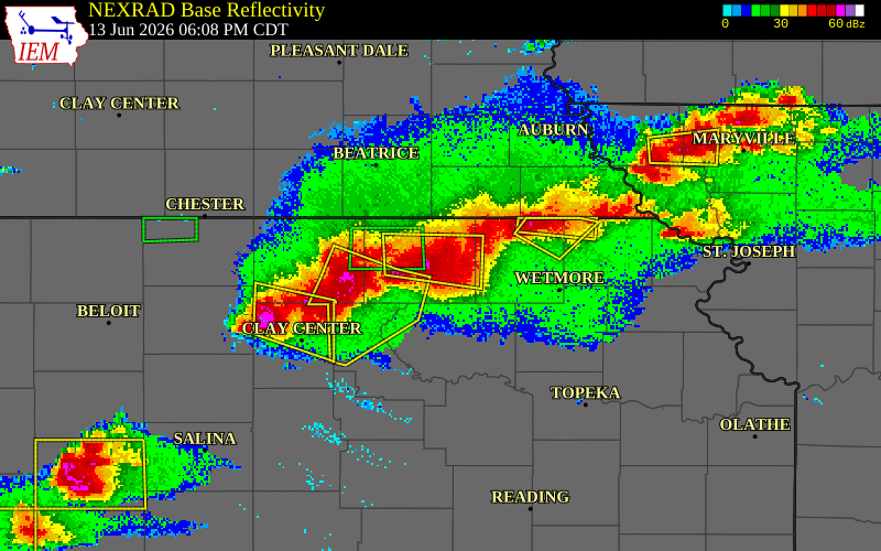 NEXRAD radar during the Saturday, June 13, 2026 storm activity in Marshall County, Kansas