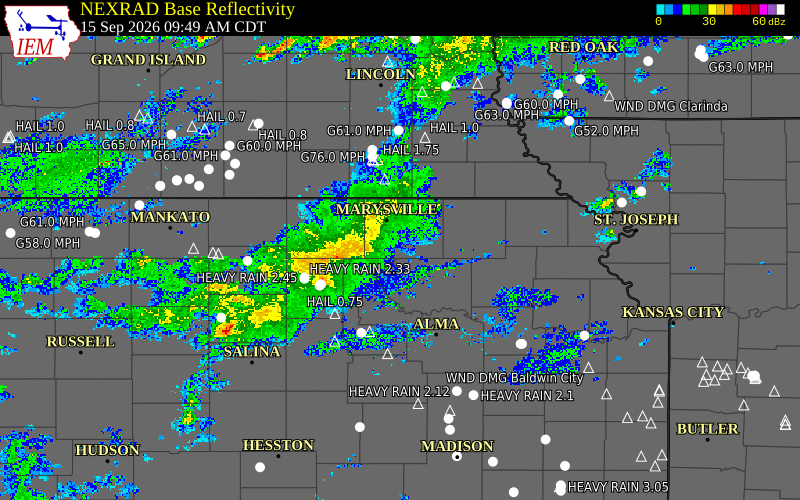Current NEXRAD radar over Marshall County, Kansas with recent storm report locations