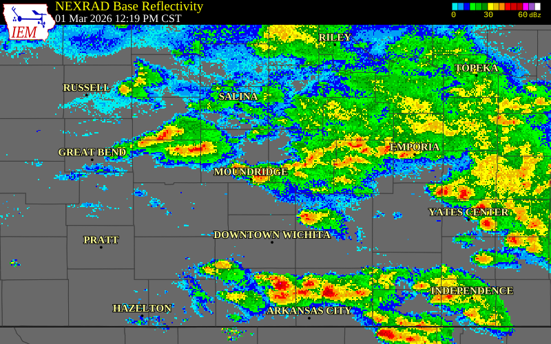 NEXRAD radar during the Sunday, March 1, 2026 storm activity in McPherson County, Kansas