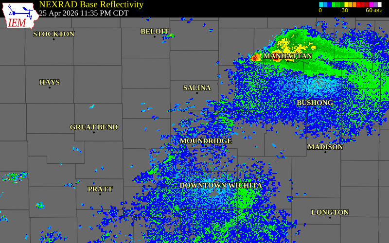 NEXRAD radar during the Saturday, April 25, 2026 storm activity in McPherson County, Kansas
