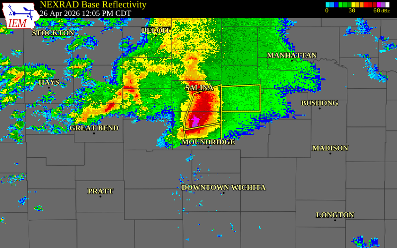 NEXRAD radar during the Sunday, April 26, 2026 storm activity in McPherson County, Kansas