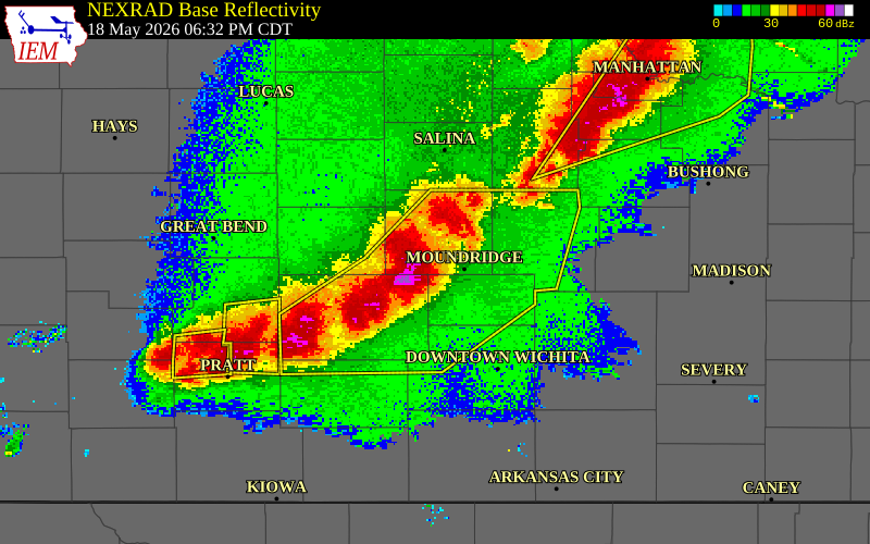 NEXRAD radar during the Monday, May 18, 2026 storm activity in McPherson County, Kansas