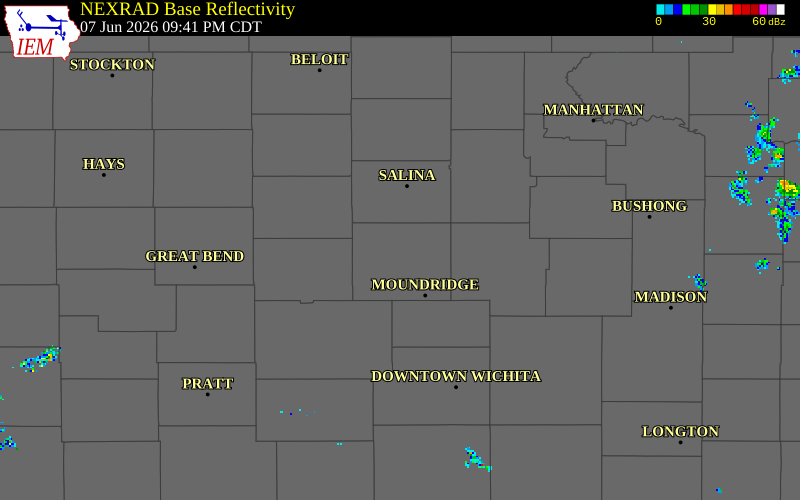 NEXRAD radar during the Sunday, June 7, 2026 storm activity in McPherson County, Kansas