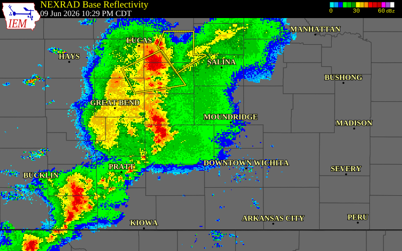 NEXRAD radar during the Tuesday, June 9, 2026 storm activity in McPherson County, Kansas