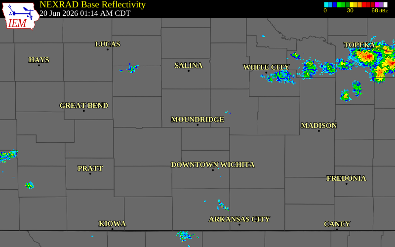 NEXRAD radar during the Saturday, June 20, 2026 storm activity in McPherson County, Kansas