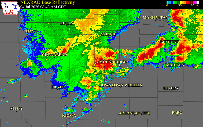 NEXRAD radar during the Saturday, July 4, 2026 storm activity in McPherson County, Kansas