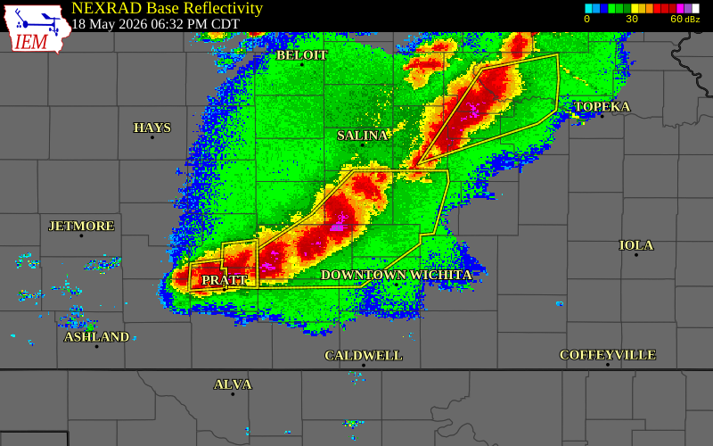 Radar snapshot during the May 18, 2026 hail event near 7 ESE Inman, McPherson County, Kansas, with NWS warning polygons