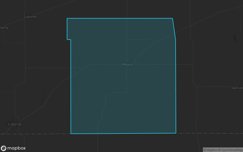 Map of Meade County, Kansas showing the county boundary and surrounding cities
