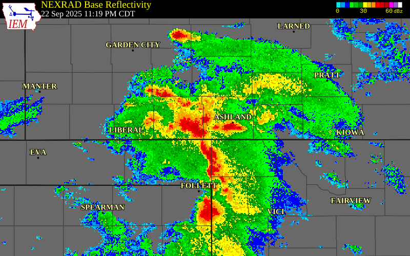 NEXRAD radar during the Monday, September 22, 2025 storm activity in Meade County, Kansas