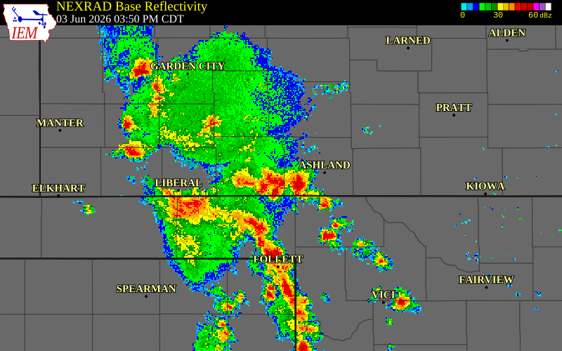 NEXRAD radar during the Wednesday, June 3, 2026 storm activity in Meade County, Kansas