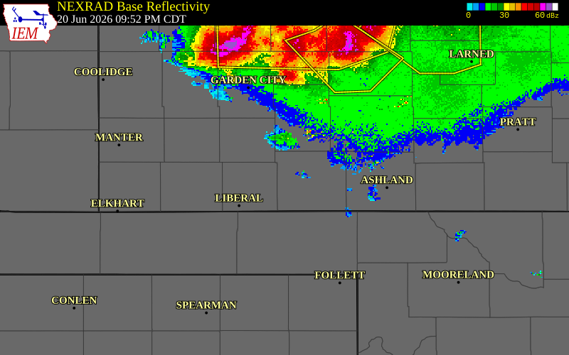 NEXRAD radar during the Saturday, June 20, 2026 storm activity in Meade County, Kansas