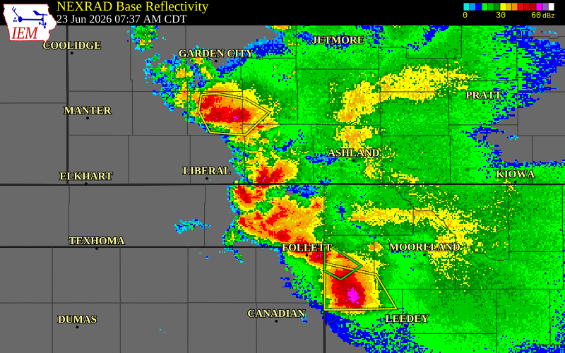 NEXRAD radar during the Tuesday, June 23, 2026 storm activity in Meade County, Kansas