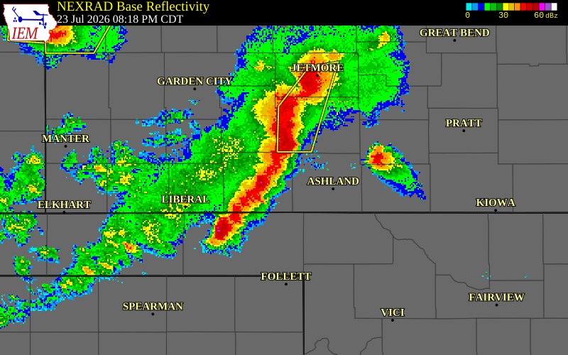 NEXRAD radar during the Thursday, July 23, 2026 storm activity in Meade County, Kansas