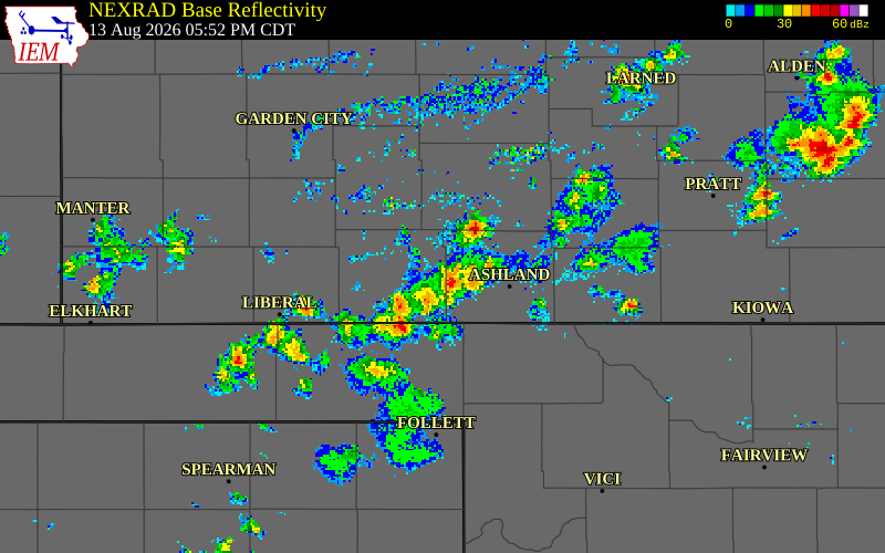 NEXRAD radar during the Thursday, August 13, 2026 storm activity in Meade County, Kansas