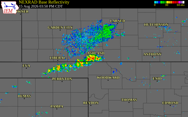 Radar snapshot during the Aug 13, 2026 wind event near Meade County, Meade County, Kansas, with NWS warning polygons