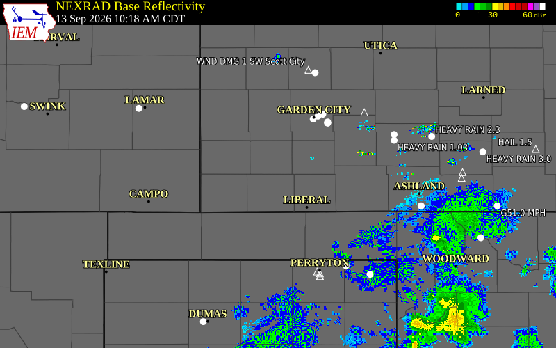 Current NEXRAD radar over Meade County, Kansas with recent storm report locations