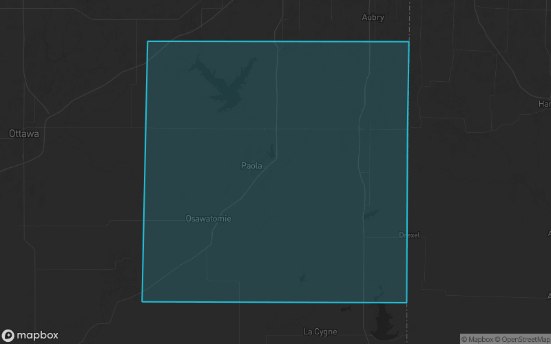 Map of Miami County, Kansas showing the county boundary and surrounding cities