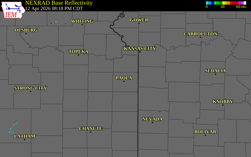 NEXRAD radar during the Sunday, April 12, 2026 storm activity in Miami County, Kansas