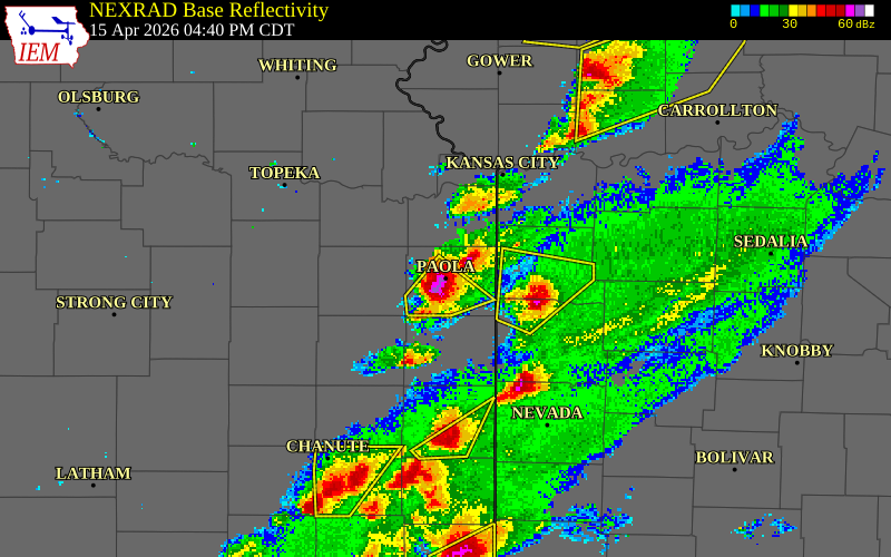 NEXRAD radar during the Wednesday, April 15, 2026 storm activity in Miami County, Kansas