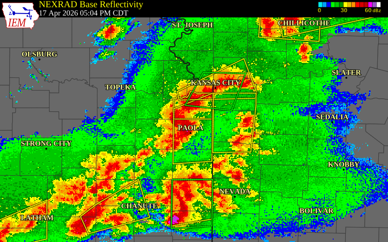 NEXRAD radar during the Friday, April 17, 2026 storm activity in Miami County, Kansas