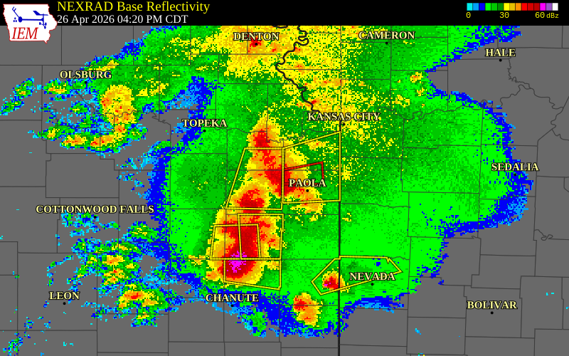 NEXRAD radar during the Sunday, April 26, 2026 storm activity in Miami County, Kansas
