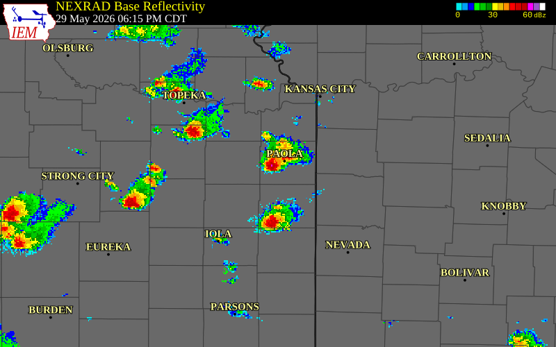 NEXRAD radar during the Friday, May 29, 2026 storm activity in Miami County, Kansas