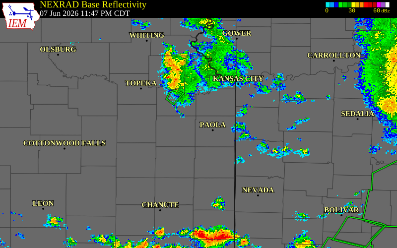 NEXRAD radar during the Sunday, June 7, 2026 storm activity in Miami County, Kansas