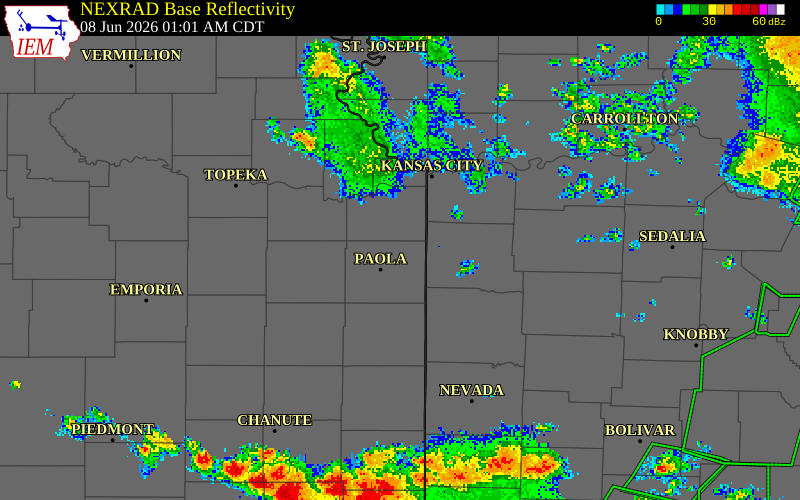 NEXRAD radar during the Monday, June 8, 2026 storm activity in Miami County, Kansas