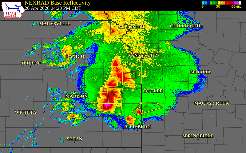 Radar snapshot during the Apr 26, 2026 tornado event near 6 SSW Edgerton, Miami County, Kansas, with NWS warning polygons