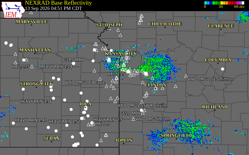 Current NEXRAD radar over Miami County, Kansas with recent storm report locations