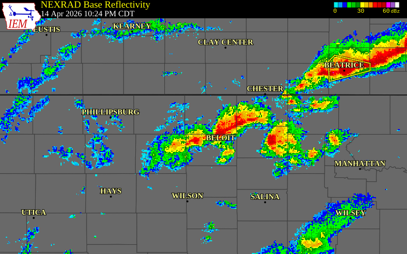 NEXRAD radar during the Tuesday, April 14, 2026 storm activity in Mitchell County, Kansas