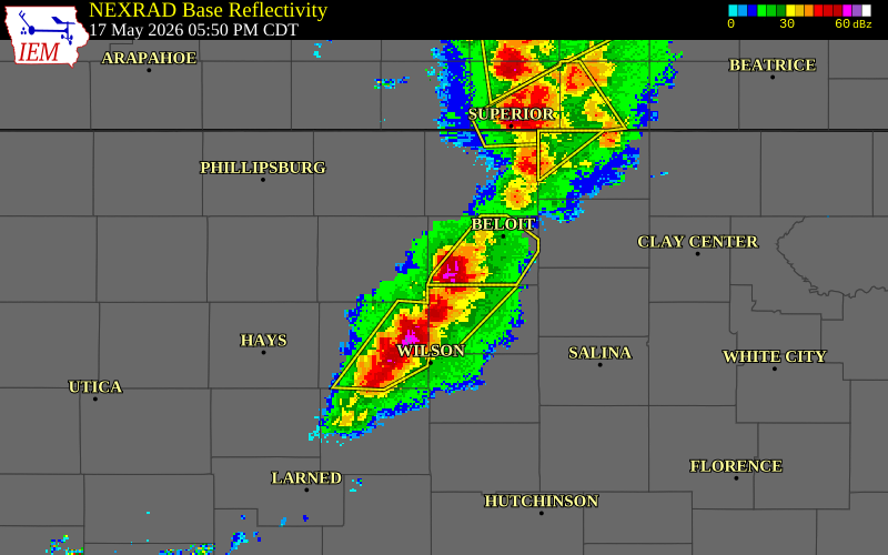 NEXRAD radar during the Sunday, May 17, 2026 storm activity in Mitchell County, Kansas