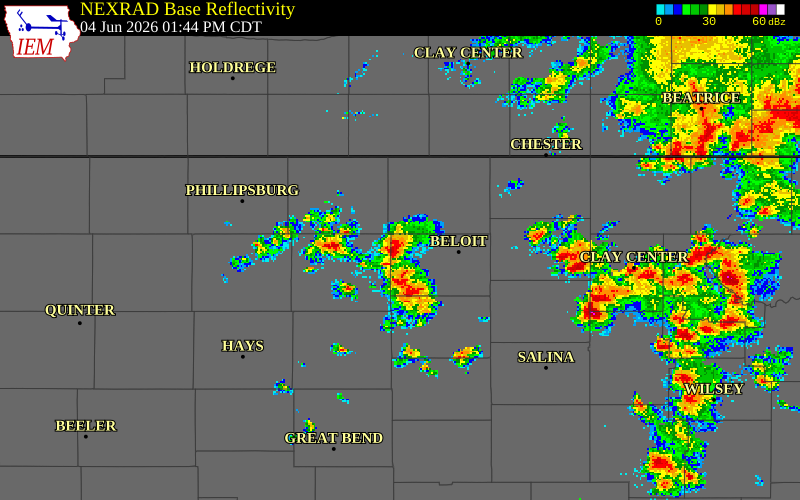 NEXRAD radar during the Thursday, June 4, 2026 storm activity in Mitchell County, Kansas