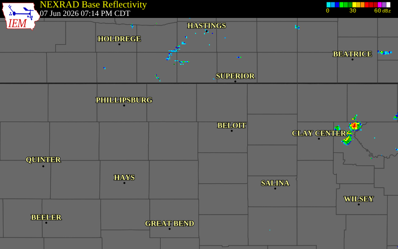 NEXRAD radar during the Sunday, June 7, 2026 storm activity in Mitchell County, Kansas
