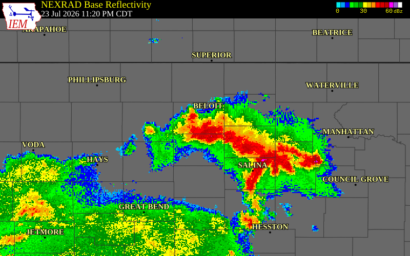 NEXRAD radar during the Thursday, July 23, 2026 storm activity in Mitchell County, Kansas