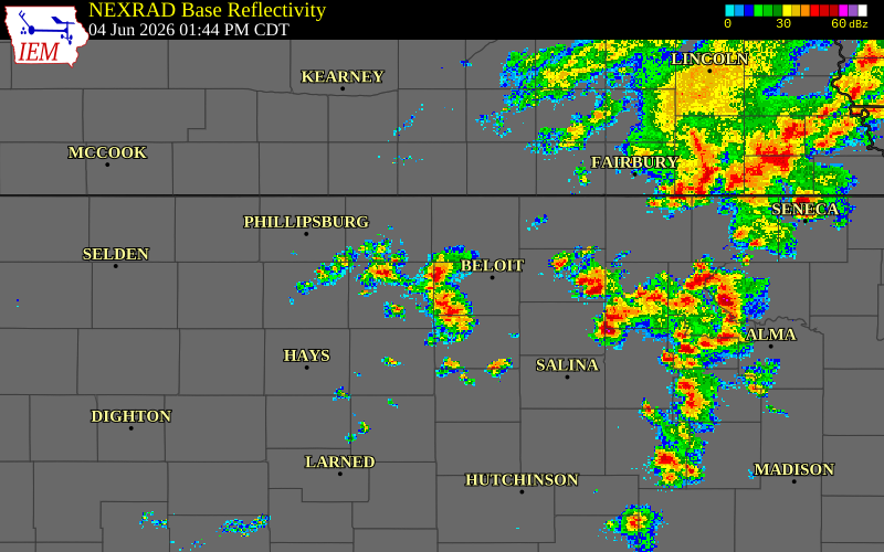 Radar snapshot during the Jun 4, 2026 tornado event near 2 S Cawker City, Mitchell County, Kansas, with NWS warning polygons