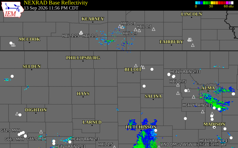 Current NEXRAD radar over Mitchell County, Kansas with recent storm report locations