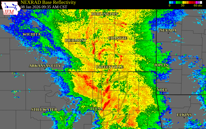 NEXRAD radar during the Thursday, January 8, 2026 storm activity in Montgomery County, Kansas